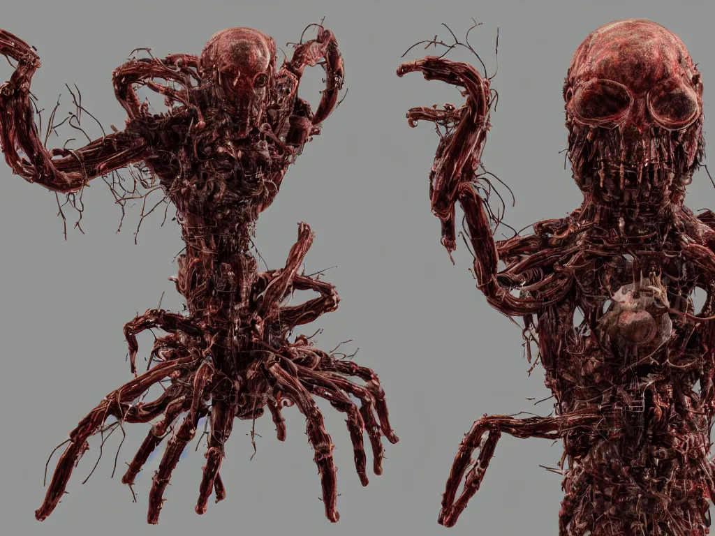 Prompt: Techno-biological iron-meat spider with big artillery cannon in his torso. Consisting of tumors, veins, guts, kidneys, wires, shafts. The head is made of mechanisms and a fanged maw. Bodyhorror, biopunk, extremely high detail, ultra realistic, photorealism, concept art, octane render, view from a distance, 8k, 16k