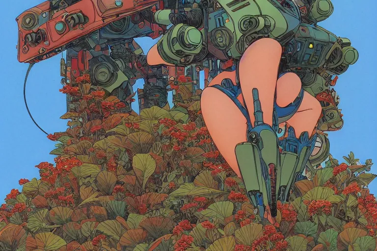 Image similar to most blues, gigantic girl head, a lot of exotic vegetation, trees, tremendous mecha robot, flowers, oldschool vintage sci - fi flat surreal design, super - detailed, 2 d gouache painting by moebius and satoshi kon, hd, 4 k, high quality