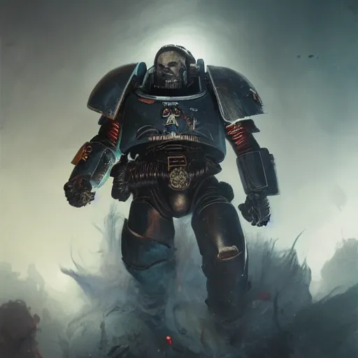 Image similar to space marine, high detail, dramatic light, 4 0 k, digital art, painted by seb mckinnon, painted by greg rutkowski, trending on artstation