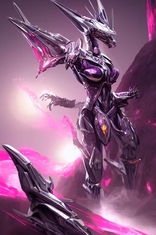 Prompt: universally huge hyperdetailed beautiful stunning giantess anthropomorphic mecha sexy hot female dragon goddess, sharp spines, sharp metal ears, smooth purple eyes, silver armor, smooth fuschia skin, in space, epic proportions, epic scale, epic size, warframe destiny fanart, furry, dragon art, goddess, giantess, furaffinity, octane render