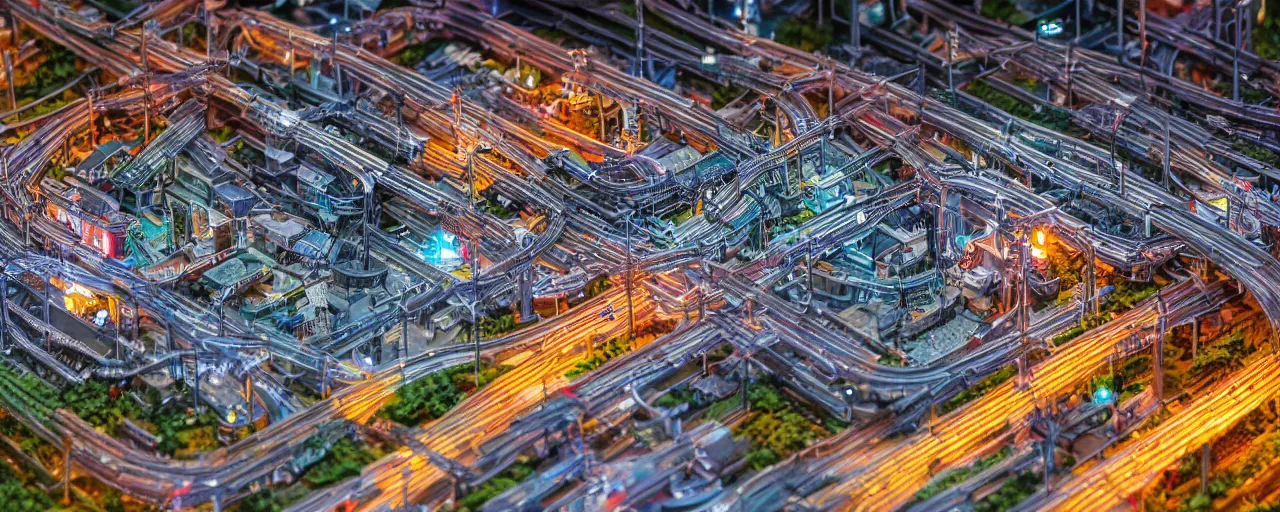 Image similar to mega detailed miniature voxel diorama of huge railway junction, futuristic architecture, tilt shift, industrial lights, by night clean and sterile atmosphere, several trains nearby, near future 2 0 3 0