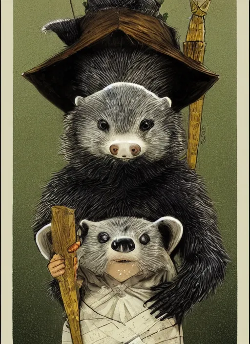 Image similar to a fantasy chibi illustration portrait of an anthropomorphic badger mage, by victo ngai, by stephen gammell, by george ault, artstation