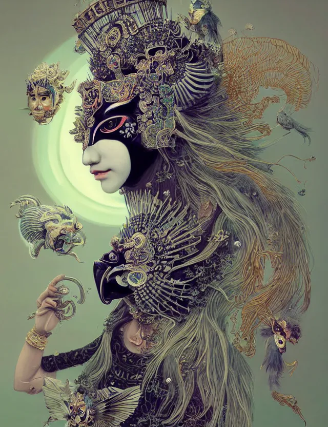 Image similar to goddess portrait with mask and crown made of ram skull. beautiful intricately detailed japanese crow kitsune mask and clasical japanese kimono. betta fish, jellyfish phoenix, bioluminescent, plasma, ice, water, wind, creature, super intricate ornaments artwork by tooth wu and wlop and beeple and greg rutkowski