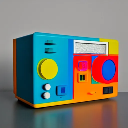 Prompt: colorful 80s Memphis group Style radio by Dieter Rams