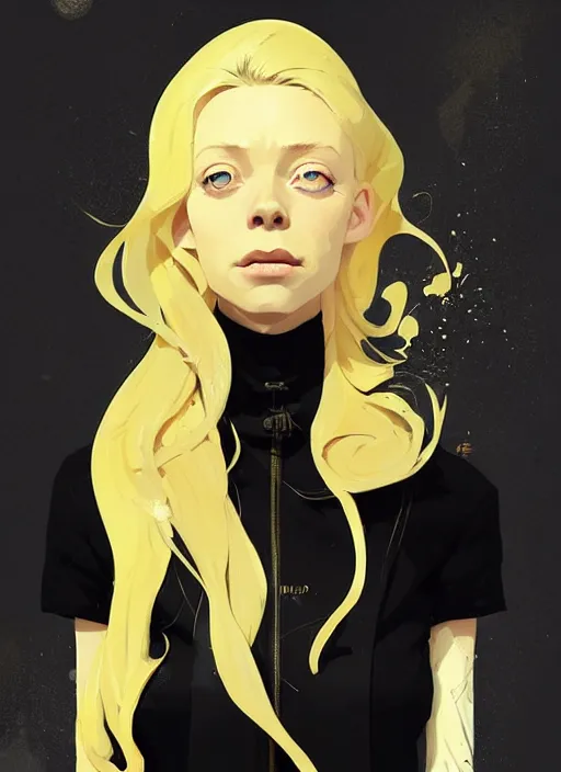 Image similar to highly detailed closeup portrait of beautiful portia doubleday, blonde wavy hair, angela moss, black suit by atey ghailan, by greg rutkowski, by greg tocchini, by james gilleard, by joe fenton, by kaethe butcher, gradient yellow, black and white color scheme, grunge aesthetic!!! ( ( graffiti tag wall background ) )