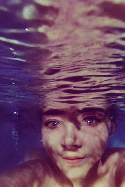 Prompt: film still, underwater view of young woman eyes, 35mm