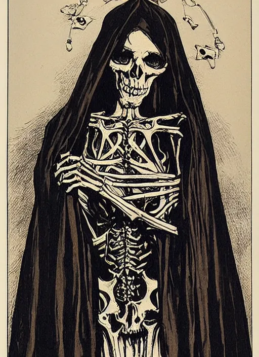 Prompt: gothic victorian woman with a skeletal face, ink and paint, silkscreen, silk robes and bone jewelry, richard corben, glenn fabry, lithograph, tarot