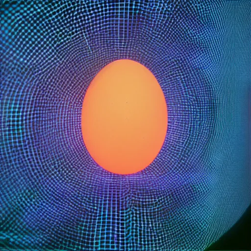 Image similar to annie liebowitz portrait of a plasma energy tron plastic egg, made up of glowing electric polygons. cinestill