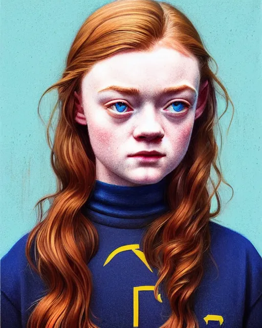 Image similar to stylized portrait of an artistic pose, composition, sadie sink wearing an 8 0's sweatshirt, realistic shaded, fine details, realistic shaded lighting poster by ilya kuvshinov, magali villeneuve, artgerm, jeremy lipkin and michael garmash and rob rey