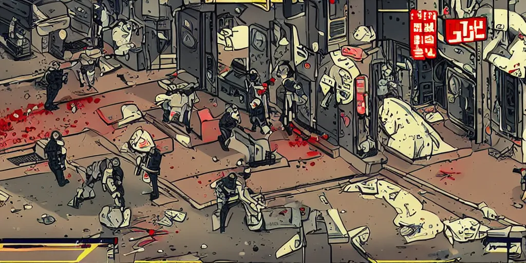 Image similar to 1991 Video Game Screenshot, Anime Neo-tokyo Cyborg bank robbers vs police, Set in Bank Vault Room, bags of money, Multiplayer set-piece, Police officers hit by bullets :9, Police Calling for back up, Bullet Holes and Blood Splatter, :3 ,Hostages, Smoke Grenades, Large Caliber Sniper Fire, Chaos, Cyberpunk, Money, Anime Bullet VFX, Machine Gun Fire, Violent Gun Action, Shootout :5 , Highly Detailed, 8k :4 by Katsuhiro Otomo + Studio Gainax : 8