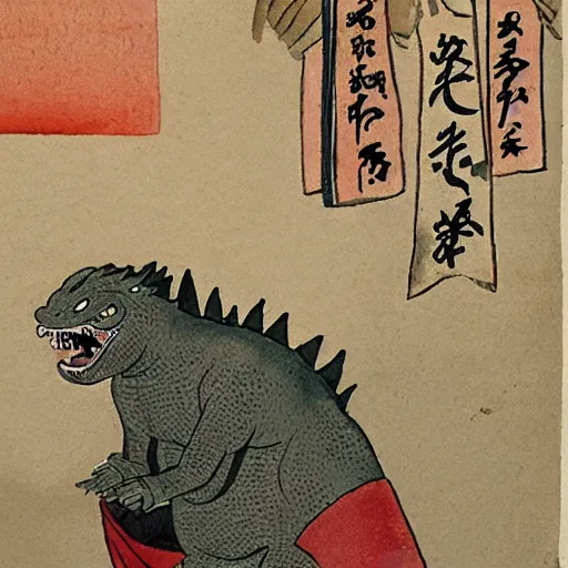 Image similar to ancient japanese watercolour of godzilla running a fruit stall in a market