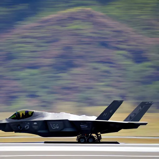 Prompt: an extremely detailed 4k photography of an F35 with gears up flying towards the camera, exiting a well-lit highway tunnel, cinematic lighting, long shot angle, centered composition, 1/400 f2.8 ISO400, 200mm lens