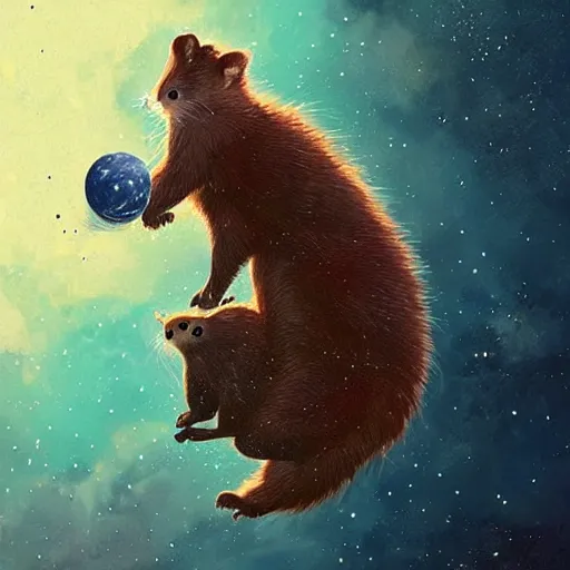 Image similar to giant pine marten in space holding a planet, digital art, trending on artstation, highly detailed, by Greg Rutkowski, by Conrad Roset, by Dan Mumford