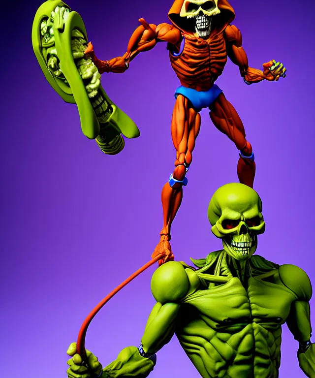 Image similar to hyperrealistic rendering, skeletor, by art of skinner and richard corben and jeff easley, product photography, action figure, sofubi, studio lighting, colored gels