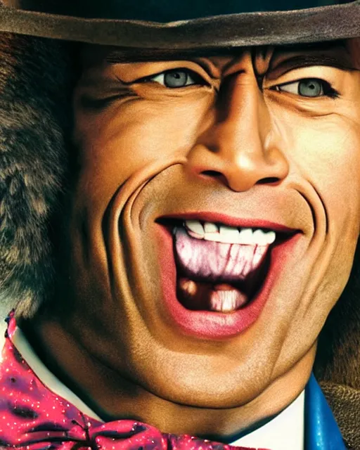 Image similar to Film still close-up shot of Dwayne Johnson as Willy Wonka from the movie Willy Wonka & The Chocolate Factory. Photographic, photography