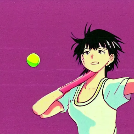 Image similar to girl playing tennis and laughing, sprite, vaporwave nostalgia, directed by beat takeshi, visual novel cg, 8 0 s anime vibe, kimagure orange road, maison ikkoku, initial d, sketch by osamu tezuka, directed by makoto shinkai and beat takeshi