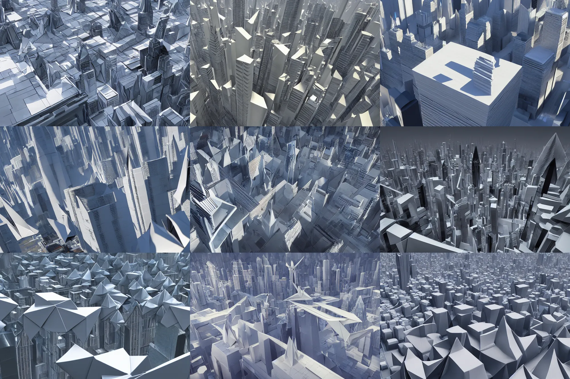 Prompt: mirror's edge city, origami, concept art, sharp focus, 8k