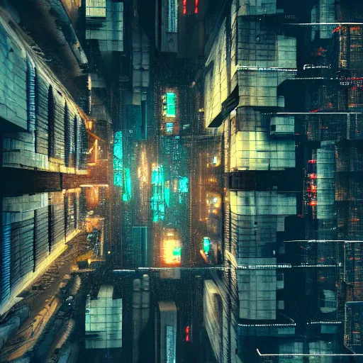 Image similar to 8 k artstation photograph rainy city crumbling ruins scifi cyberpunk aesthetic hyper realistic aerial view top down