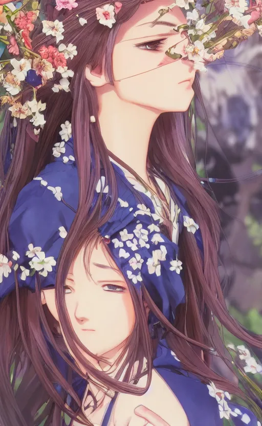 Image similar to anime style, side portrait, a girl walking, summer festival in background, yukata clothing, battlefield in background, hair down, symmetrical facial features, real faces, from arknights, hyper realistic, 4 k, extreme detail, trending artstation, safebooru, realistic lighting, by alphonse mucha, greg rutkowski, sharp focus