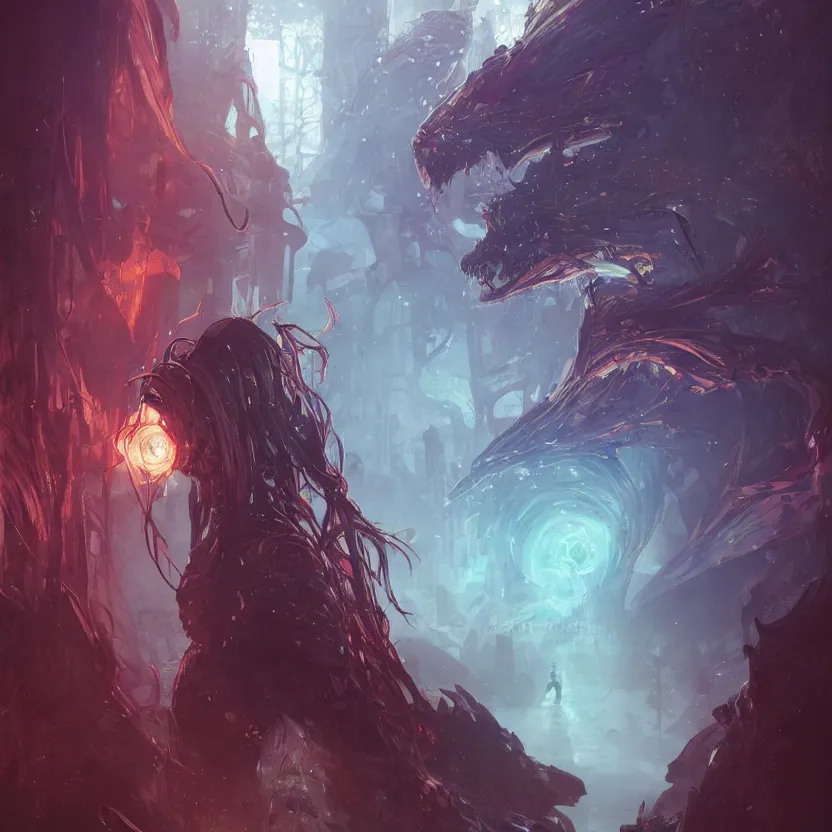 Image similar to a photorealistic rendering of # illustration, a portrait # megical # catalyst # queen in plague of dragons, # mist # horror # magic # spell, # digital 2 d, # sci - fi, # fututistic, by yoshitaka amano and alena aenami, trending on artstation, nvidia, matte painting, unreal engine