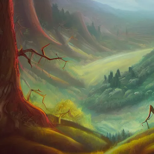 Image similar to panorama of a valley filled with a forest and a village, medieval, fantasy, oil painting, by lois van baarle