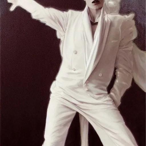 Image similar to beautiful portrait of androgynous ruby rose as desire from sandman in a white tuxedo!!!, rockabilly style,, by alphonse mucha, by jeremy mann, by peter lindbergh, cedric peyravernay, by frank moth, white suit and black tie, soft lightning, high detailed, 8 k