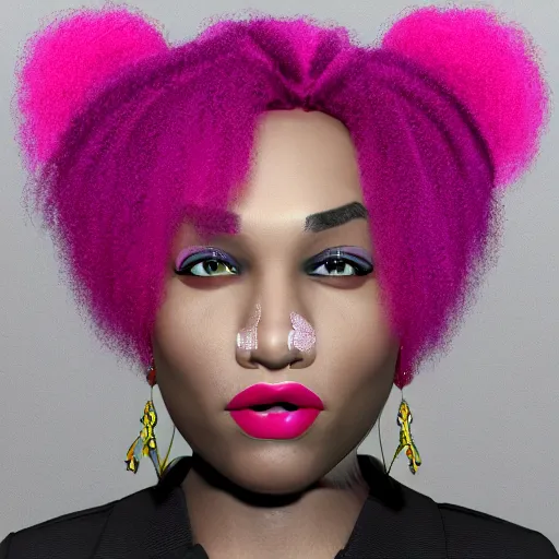 Image similar to A selfie of an alternative styled black woman with pink pig tails, 8k, detailed facial features, photorealistic