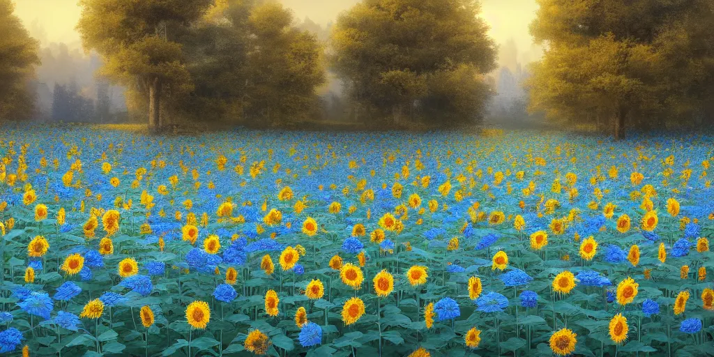 Prompt: A narrow dirt path through a field of blue sunflowers, game art matte painting hyperdetailed, artstation, cgsociety, 8k, surreal dream landscape