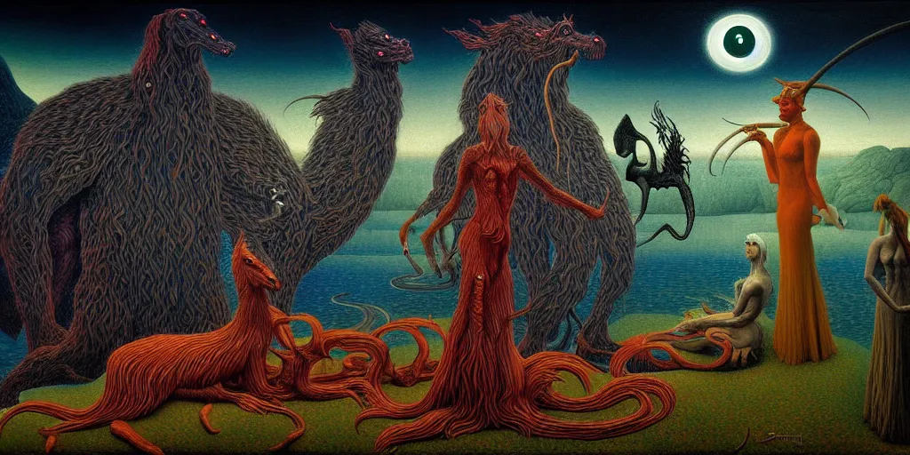 Image similar to mythical creatures and monsters in the imaginal realm of the collective unconscious, in a dark surreal painting by johfra and ronny khalil