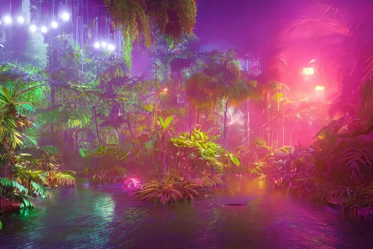 Prompt: neon rainforest, detailed render, hyperrealistic, cgsociety, artstation, 4k