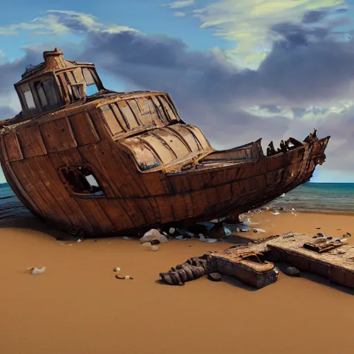 Image similar to shipwreck on a sandy beach on a sunny day? highly detailed, trending on artstation, award winning