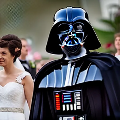 Prompt: darth vader at his wedding ceremony, white uniform, white helmet, 8 k