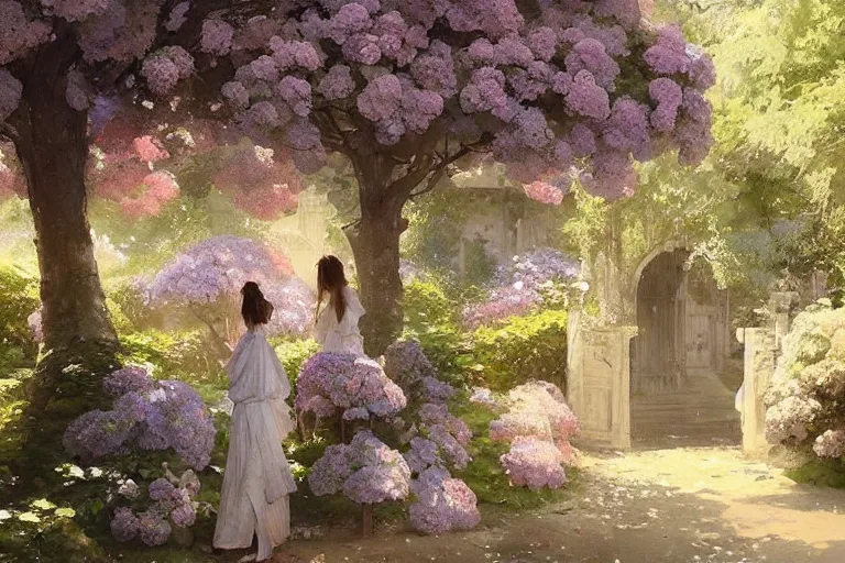 Image similar to a beautiful painting of the garden of hydrangea, shrine, two people, by greg rutkowski, trending on artstation