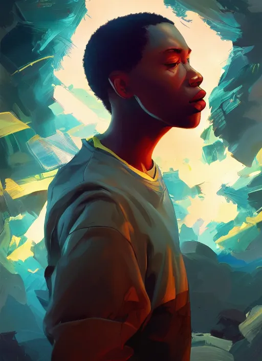 Prompt: detailed digital painting of young black man dreaming floating cmyk text and complex algorithms, dramatic pose by artstation, fanart behance hd by jesper ejsing, by rhads, makoto shinkai and lois van baarle, ilya kuvshinov, rossdraws, enter the matrix, global illumination, radiant light, detailed and intricate environment