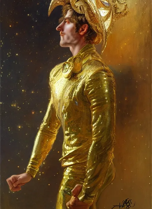 Image similar to portrait of a man dressed in a gold and silver costume, head shoot, art by alex heywood and gaston bussiere, albert lynch, fantasy art, reimagined by industrial light and magic, oil on canvas, hd