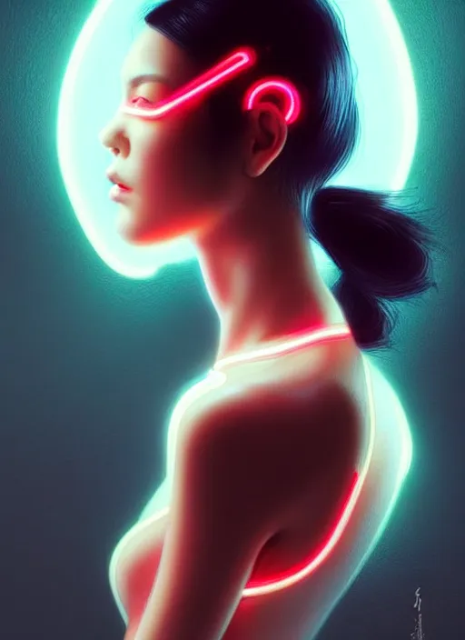 Image similar to photorealistic an oriental female humanoid with freckle cheeks, cyber neon lightings, futurism, cyberpunk high fashion, elegant profile pose, intricate details, crispy quality, digital photography, trending in artstation, trending in pinterest, no watermark signature, cinematic, 4 k ultra hd, art by artgerm, art by greg rutkowski, art by pascal blanche