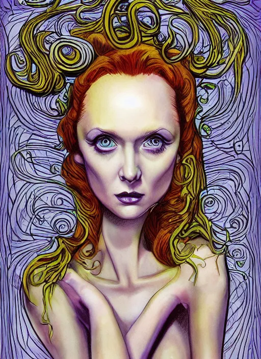 Image similar to surrealism psychedelic cartoon portrait sketch of lily cole as delirium of the endless from the sandman, by alex ross, brian bolland, detailed, elegant, intricate