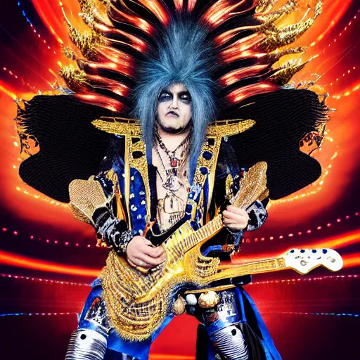 Image similar to uhd photorealistic detailed image of max voltage, the rock and roll emperor, dressed as a hair metal emperor, powering up, wearing extremely intricate rock and roll emperor costume and emperor makeup, with an emperor's electric guitar, by ayami kojima, amano, and karol bak