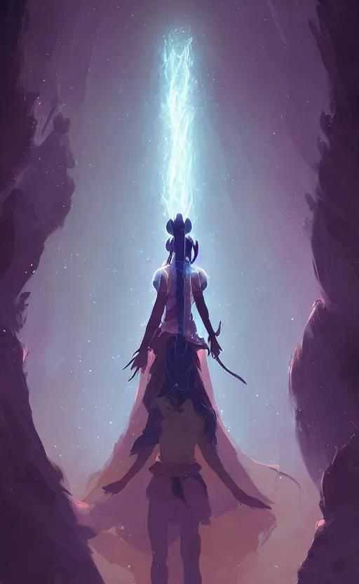 Image similar to a mystical girl sorcerer stepping out of the void, portal to another dimension, evocative, mystical night, very detailed, award winning, masterpiece digital painting by greg rutkowski, alex grey, artstation, studio ghibli, breath of the wild, rossdraws, wlop