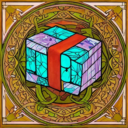 Prompt: beautiful painting of companion - cube!!!!!!!!!!!!!!!!! companion - cube!!!!!!!!!!!!!!!!!, art nouveau. by william morris, andreas rochas, mucha, gaudy colors. intricate linework. sharp edges.