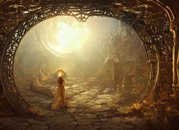 Image similar to large rustic intricately decorated cast iron gate, a view to an eerie fantasy world, golden glowing sphere, ethereal back light, mist, coherent composition, detailed fantasy painting by artgerm, noriyoshi ohrai, yuumei