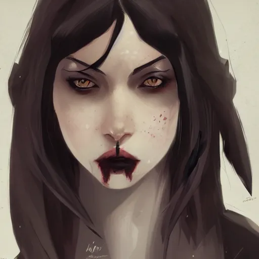 Image similar to female human vampire witch in the style of greg rutkowski, makoto shinkai, trending on artstation, character design, concept art, pretty face, highly detailed, long black hair, portrait, digital art