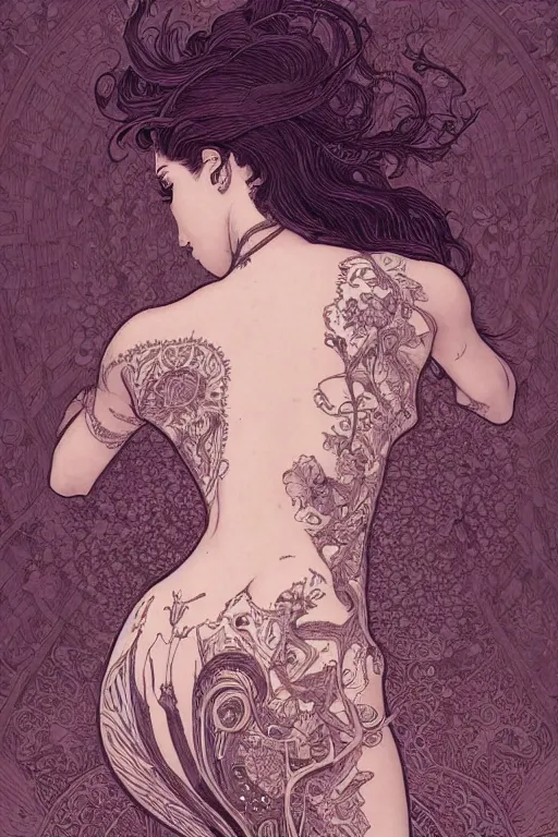 Prompt: a girl seen from behind, she has a tattoo by Joe Fenton that covers her body, fog, volumetric lighting, intricate, elegant, highly detailed, digital painting, artstation, concept art, smooth, sharp focus, art nouveau, art by artgerm and greg rutkowski and alphonse mucha