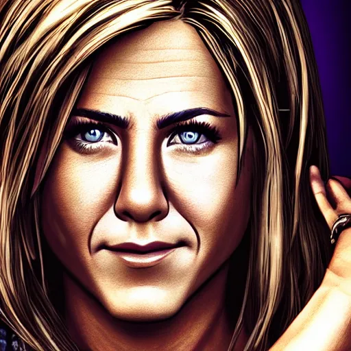 Image similar to jennifer aniston portrait, borderlands, tales from the borderlands, the wolf among us, comic, cinematic lighting, studio quality, 8 k