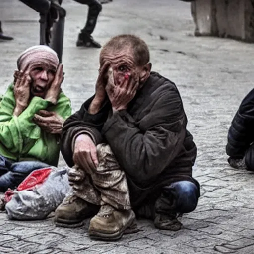 Image similar to ukraine after nuclear war, beggars hungry scary bums and devastation