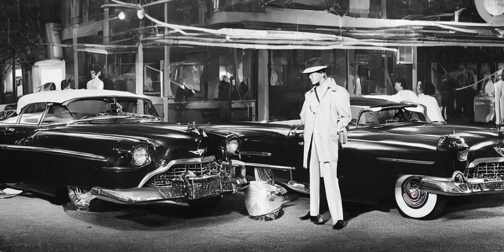 Prompt: detailed sharp photograph in the style of popular science circa 1 9 5 5 and gregory crewdson of a 1 9 5 0 s used car lot with a man wearing a fedora and a trench coat standing under the pin lights next to a cadillac convertible