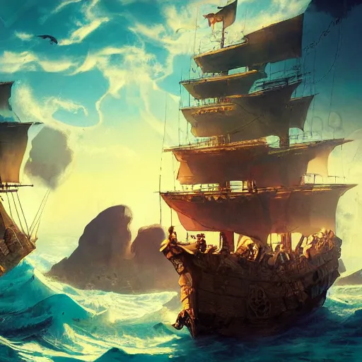 Prompt: treasure map adventures large pirate ship, mike mignola style, d & d, beautiful composition, wide angle, colorful, cinematic, volumetric lighting, intricate details