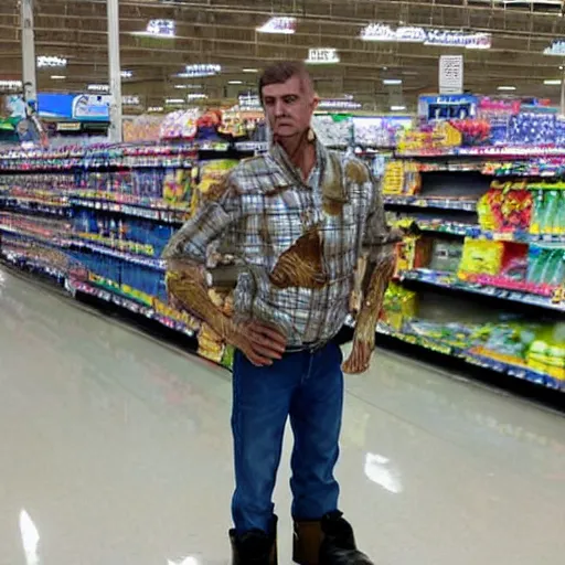 Image similar to real alien at Walmart, wearing cowboy boots, photo, photorealistic, ultra realism, intricate