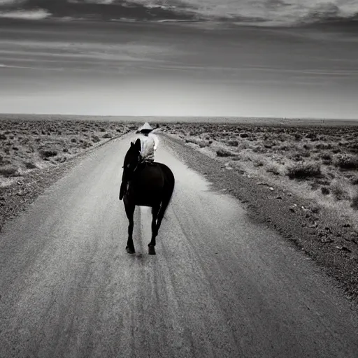 Image similar to lone cowboy walking his horse down a road into the sunset, desert, real photo, photo realism, sad