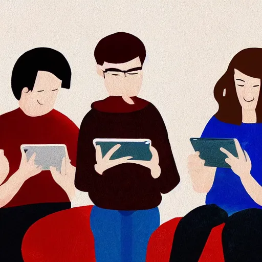 Image similar to a group of adults playing games on their phones while sitting in circle, digital painting, illustration